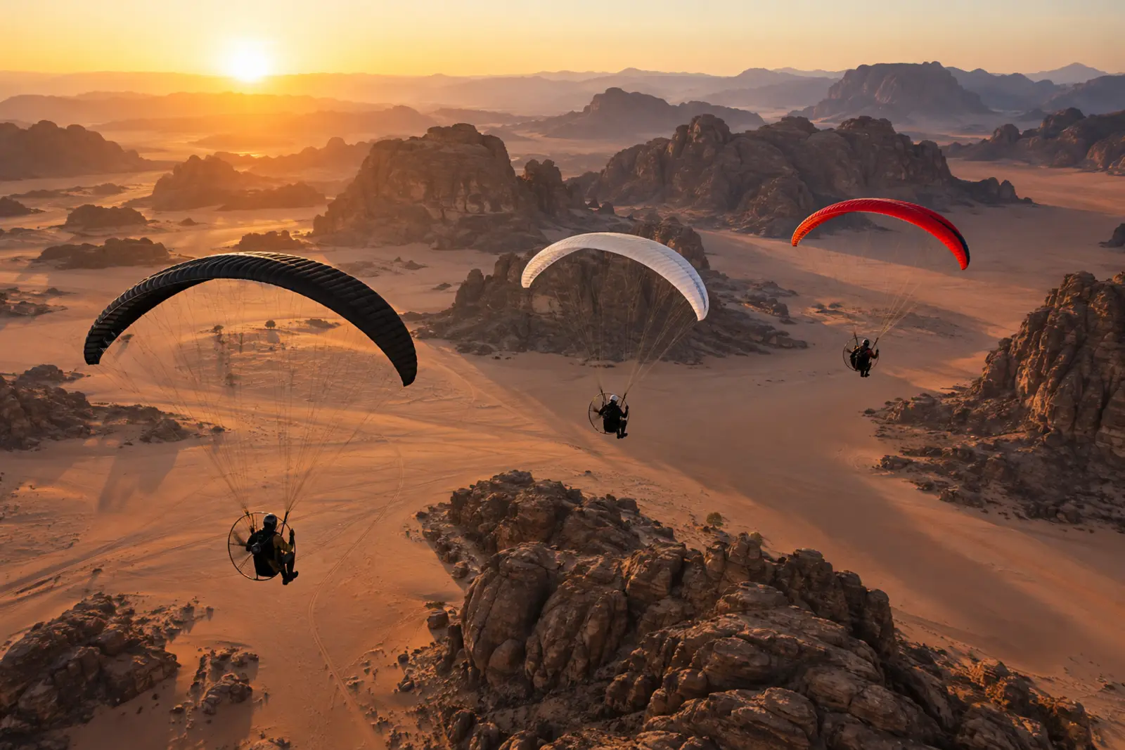 Three Black Hawk paramotors flying above Wadi Rum